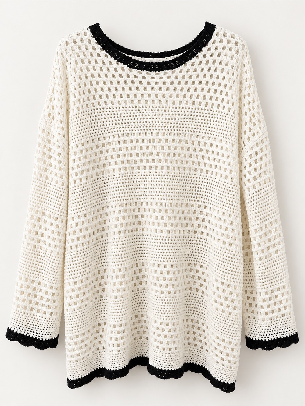 Ivory & Black Open Crochet Knit Sweater Size XL Boho Coastal Free People Style
